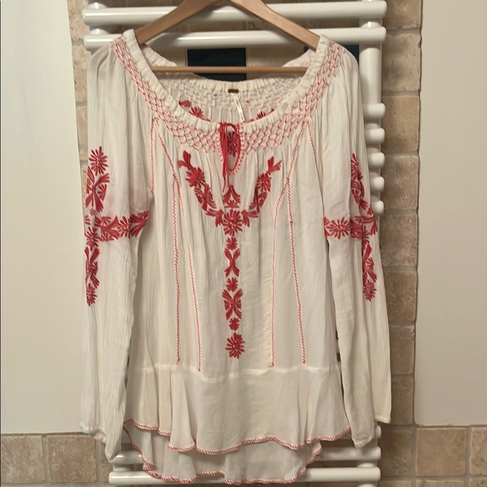 Free People Embroidered White and Pink Women's Blouse